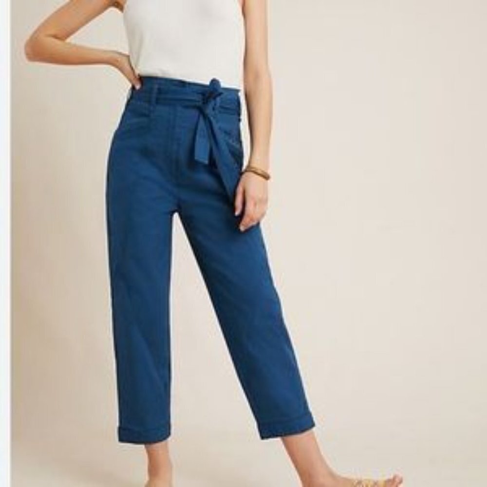 Anthropologie Ellie Embroidered Utility Straight Leg Tie Waist Pants